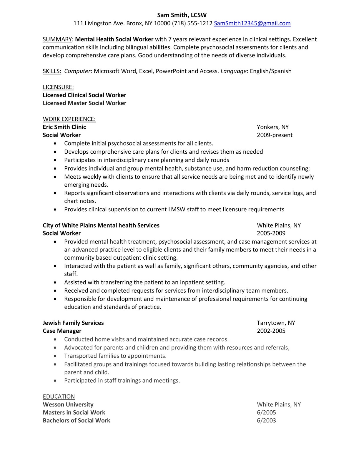 Resume sample health